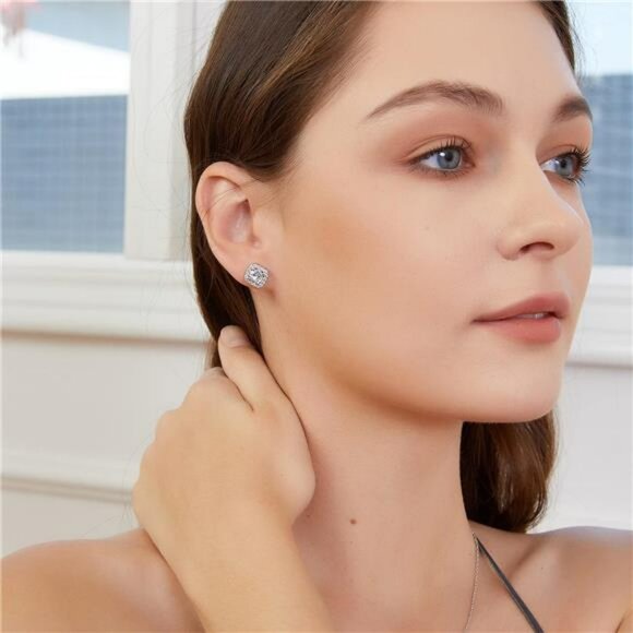 White Gold Cubic Zirconia Stud Earrings Set Round Square Diamond Look - Picture 5 of 7